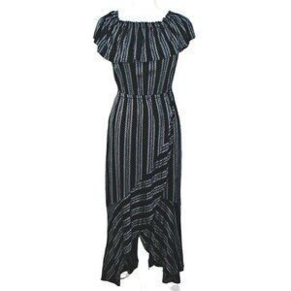 Elan Black White Striped boho cottagecore Linen Style Maxi Dress Medium $125